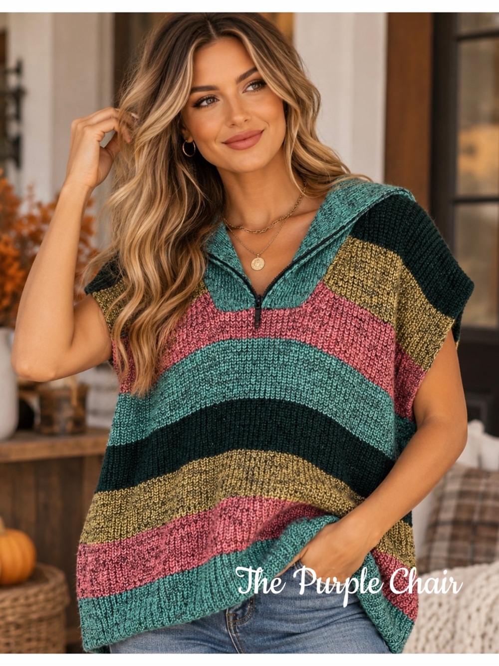 ANTHROPOLOGIE NWT Farrow Striped Quarter-Zip Poncho Vest O/S